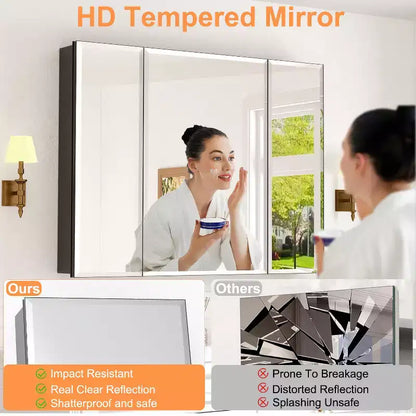Mobiletto da bagno a incasso/da parete con specchio smussato e ripiani in vetro regolabili - Nero
