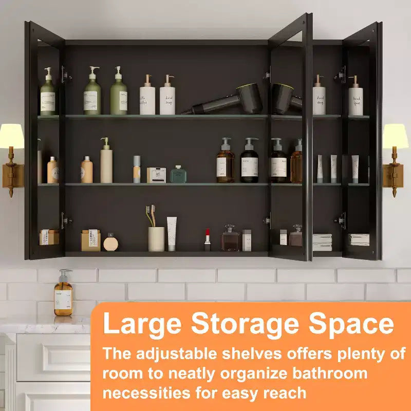 Mobiletto da bagno a incasso/da parete con specchio smussato e ripiani in vetro regolabili - Nero