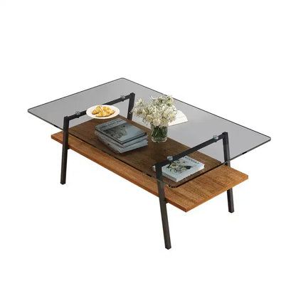 Tavolino da caffè in vetro moderno, piano in vetro temperato e ripiano in MDF, gambe in metallo