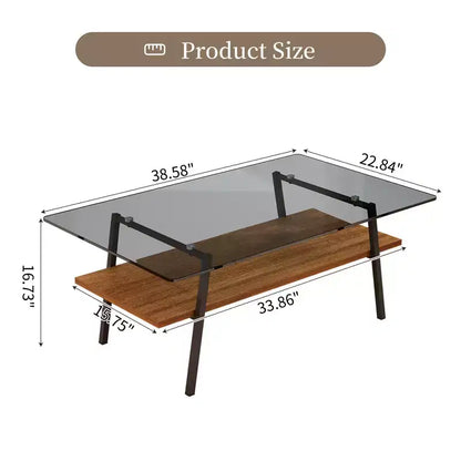 Tavolino da caffè in vetro moderno, piano in vetro temperato e ripiano in MDF, gambe in metallo