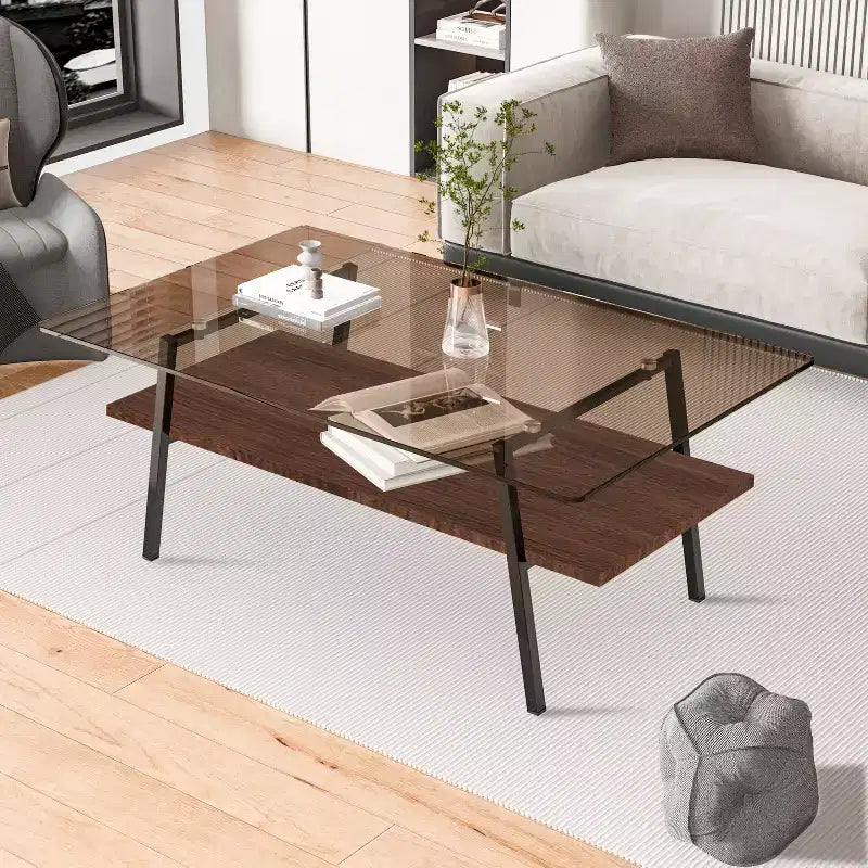 Tavolino da caffè in vetro moderno, piano in vetro temperato e ripiano in MDF, gambe in metallo