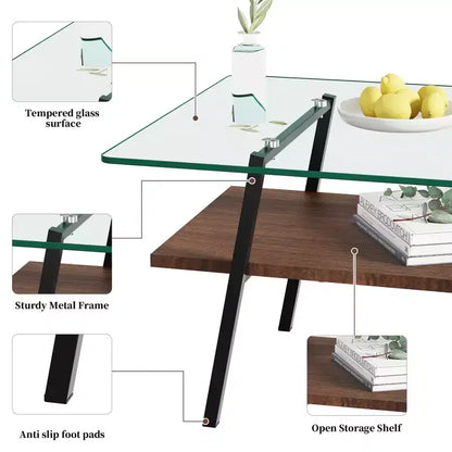 Tavolino da caffè in vetro moderno, piano in vetro temperato e ripiano in MDF, gambe in metallo