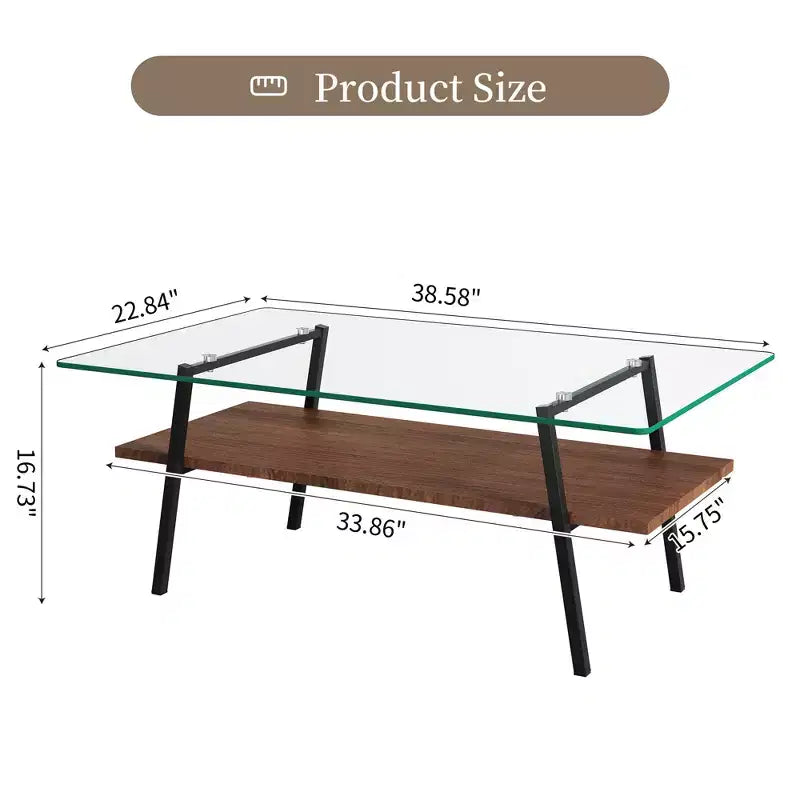 Tavolino da caffè in vetro moderno, piano in vetro temperato e ripiano in MDF, gambe in metallo