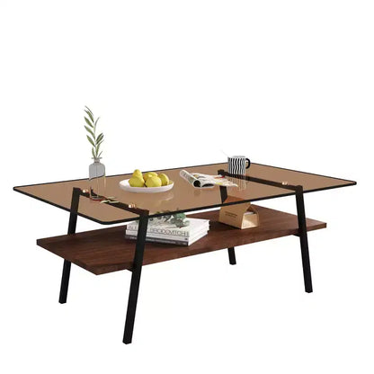 Tavolino da caffè in vetro moderno, piano in vetro temperato e ripiano in MDF, gambe in metallo