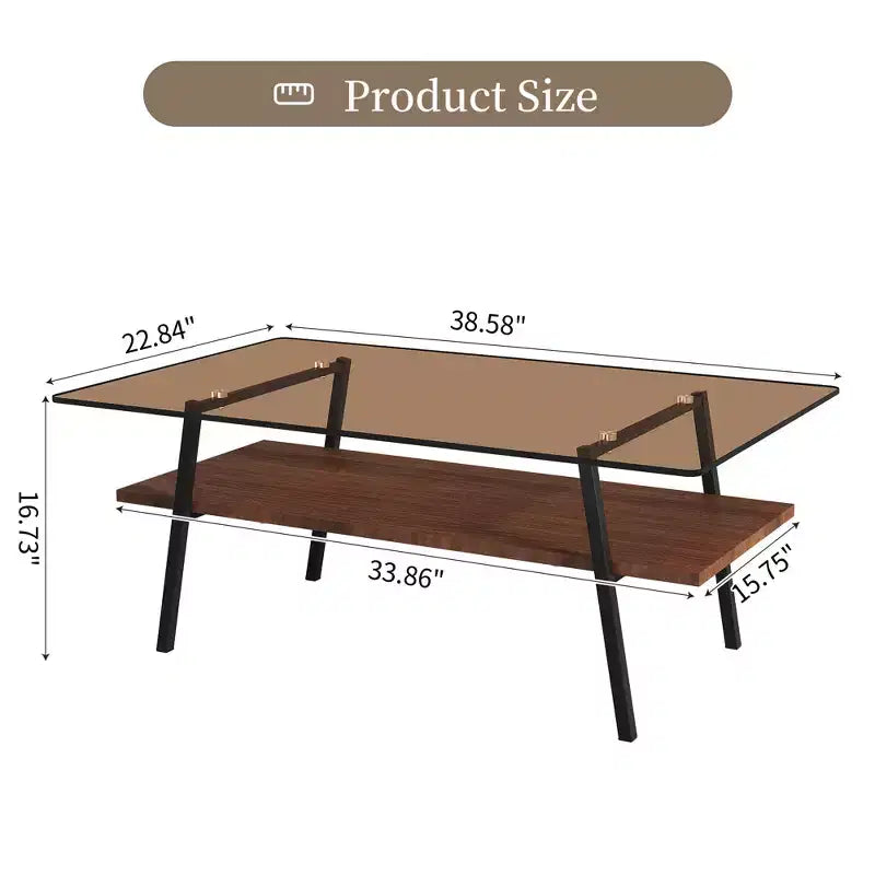 Tavolino da caffè in vetro moderno, piano in vetro temperato e ripiano in MDF, gambe in metallo