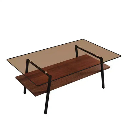 Tavolino da caffè in vetro moderno, piano in vetro temperato e ripiano in MDF, gambe in metallo