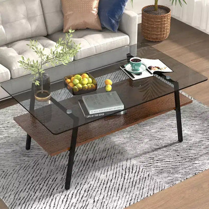 Tavolino da caffè in vetro moderno, piano in vetro temperato e ripiano in MDF, gambe in metallo
