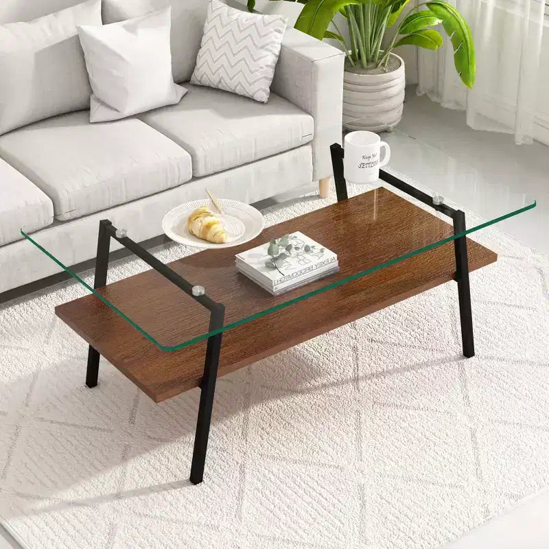 Tavolino da caffè in vetro moderno, piano in vetro temperato e ripiano in MDF, gambe in metallo