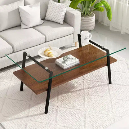 Tavolino da caffè in vetro moderno, piano in vetro temperato e ripiano in MDF, gambe in metallo