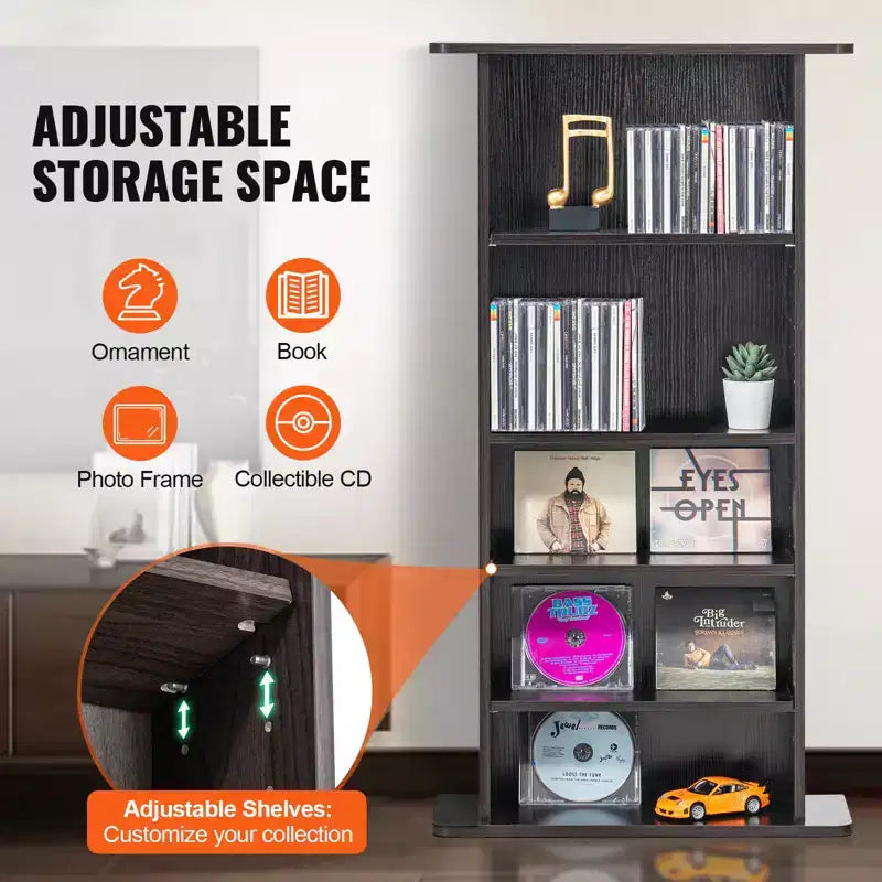 Mobile contenitore multimediale a 5 ripiani, contiene 240 CD/DVD, ripiani in legno regolabili, design antiribaltamento