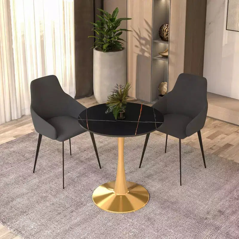 Tavolo da pranzo rotondo Bristol da 27" con piano in pietra sinterizzata e base a piedistallo in acciaio dorato per piccoli spazi
