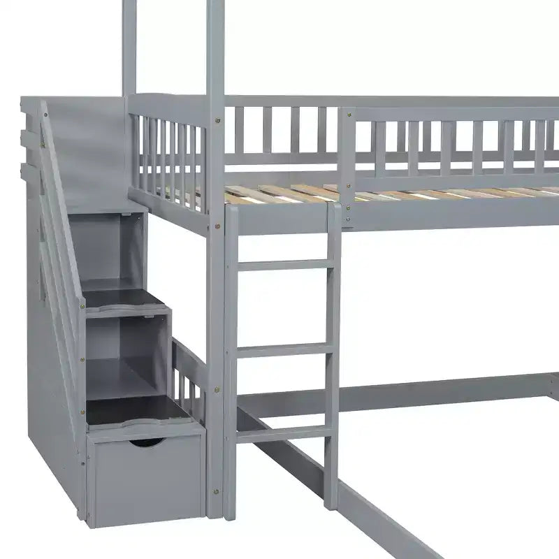 Letto a castello singolo sopra una piazza e mezza con scivolo e scale contenitore, design a casetta, pino e MDF, età 6+