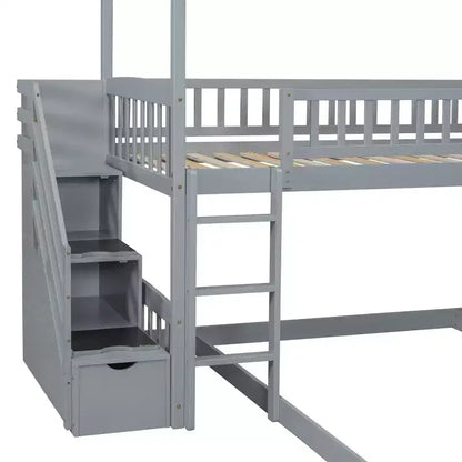 Letto a castello singolo sopra una piazza e mezza con scivolo e scale contenitore, design a casetta, pino e MDF, età 6+