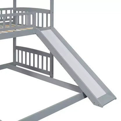 Letto a castello singolo sopra una piazza e mezza con scivolo e scale contenitore, design a casetta, pino e MDF, età 6+