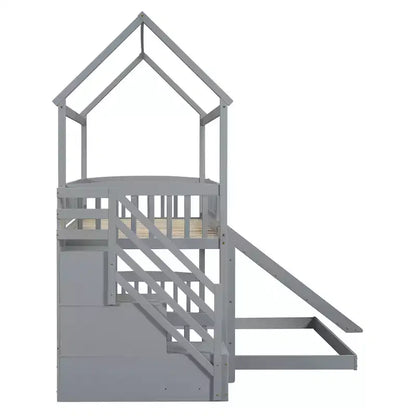 Letto a castello singolo sopra una piazza e mezza con scivolo e scale contenitore, design a casetta, pino e MDF, età 6+