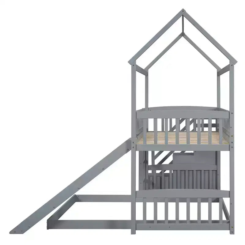 Letto a castello singolo sopra una piazza e mezza con scivolo e scale contenitore, design a casetta, pino e MDF, età 6+