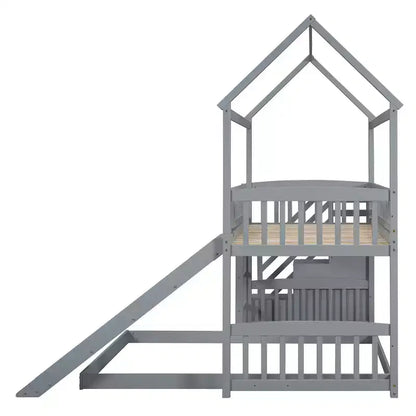 Letto a castello singolo sopra una piazza e mezza con scivolo e scale contenitore, design a casetta, pino e MDF, età 6+