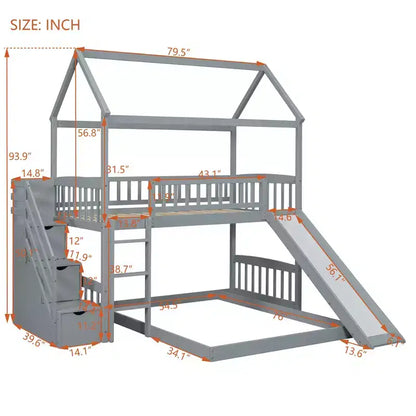 Letto a castello singolo sopra una piazza e mezza con scivolo e scale contenitore, design a casetta, pino e MDF, età 6+