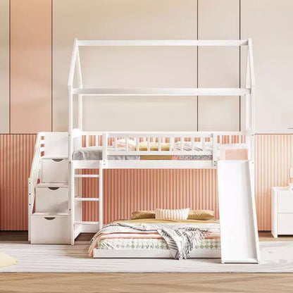 Letto a castello singolo sopra una piazza e mezza con scivolo e scale contenitore, design a casetta, pino e MDF, età 6+