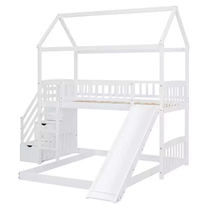 Letto a castello singolo sopra una piazza e mezza con scivolo e scale contenitore, design a casetta, pino e MDF, età 6+
