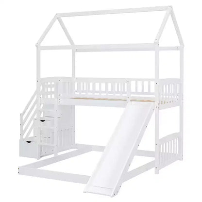 Letto a castello singolo sopra una piazza e mezza con scivolo e scale contenitore, design a casetta, pino e MDF, età 6+