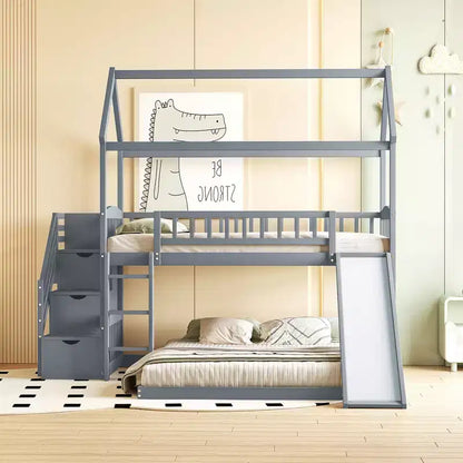 Letto a castello singolo sopra una piazza e mezza con scivolo e scale contenitore, design a casetta, pino e MDF, età 6+