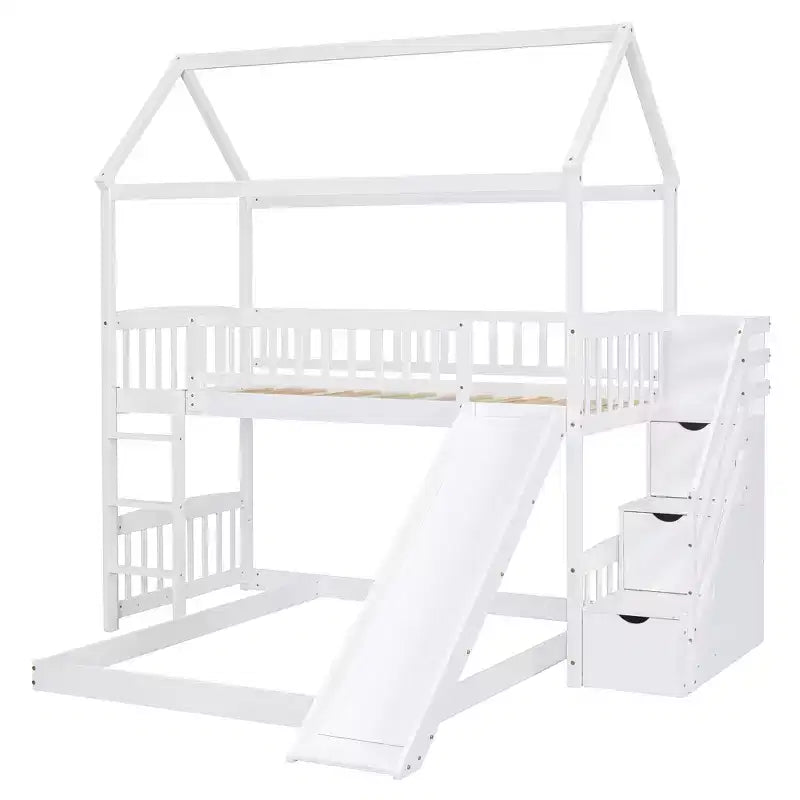 Letto a castello singolo sopra una piazza e mezza con scivolo e scale contenitore, design a casetta, pino e MDF, età 6+