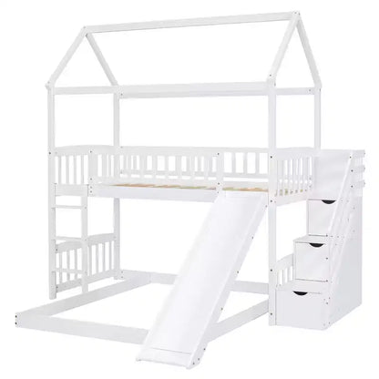 Letto a castello singolo sopra una piazza e mezza con scivolo e scale contenitore, design a casetta, pino e MDF, età 6+