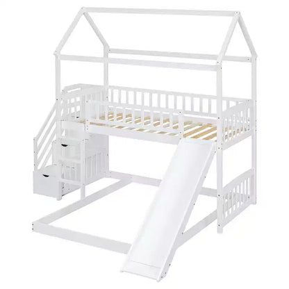 Letto a castello singolo sopra una piazza e mezza con scivolo e scale contenitore, design a casetta, pino e MDF, età 6+