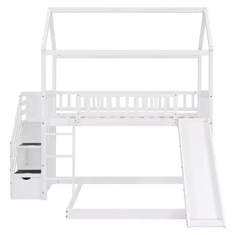Letto a castello singolo sopra una piazza e mezza con scivolo e scale contenitore, design a casetta, pino e MDF, età 6+