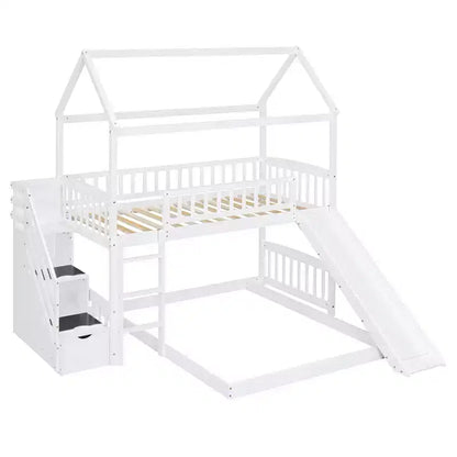 Letto a castello singolo sopra una piazza e mezza con scivolo e scale contenitore, design a casetta, pino e MDF, età 6+