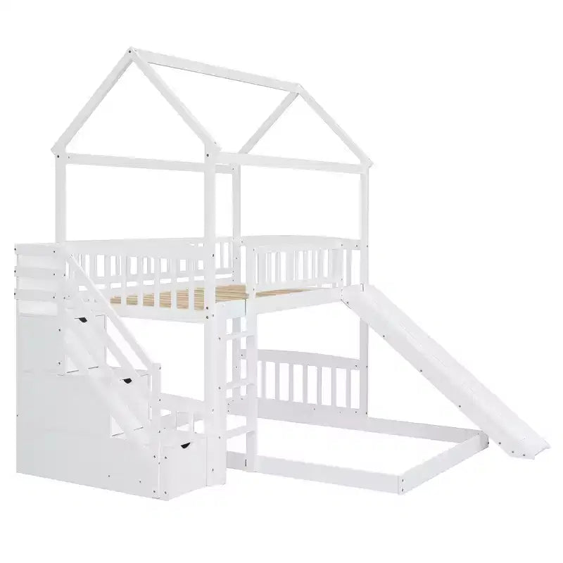 Letto a castello singolo sopra una piazza e mezza con scivolo e scale contenitore, design a casetta, pino e MDF, età 6+