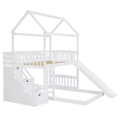 Letto a castello singolo sopra una piazza e mezza con scivolo e scale contenitore, design a casetta, pino e MDF, età 6+