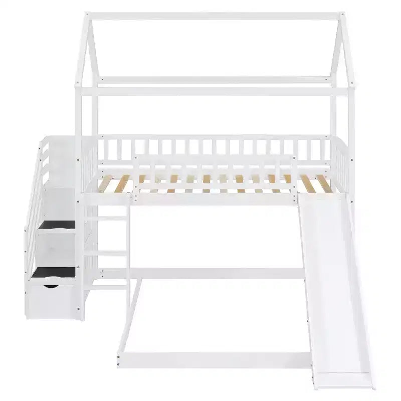 Letto a castello singolo sopra una piazza e mezza con scivolo e scale contenitore, design a casetta, pino e MDF, età 6+