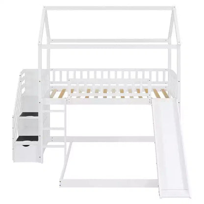 Letto a castello singolo sopra una piazza e mezza con scivolo e scale contenitore, design a casetta, pino e MDF, età 6+