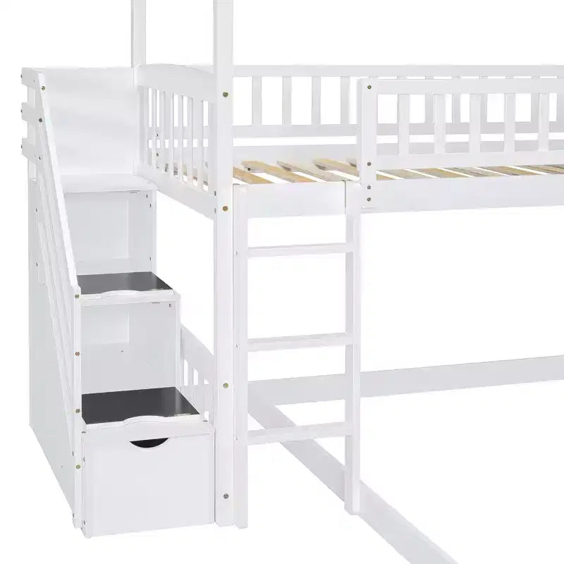 Letto a castello singolo sopra una piazza e mezza con scivolo e scale contenitore, design a casetta, pino e MDF, età 6+