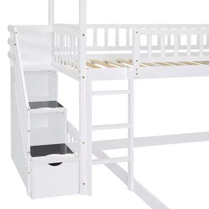 Letto a castello singolo sopra una piazza e mezza con scivolo e scale contenitore, design a casetta, pino e MDF, età 6+