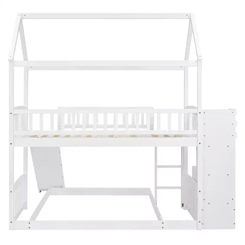 Letto a castello singolo sopra una piazza e mezza con scivolo e scale contenitore, design a casetta, pino e MDF, età 6+