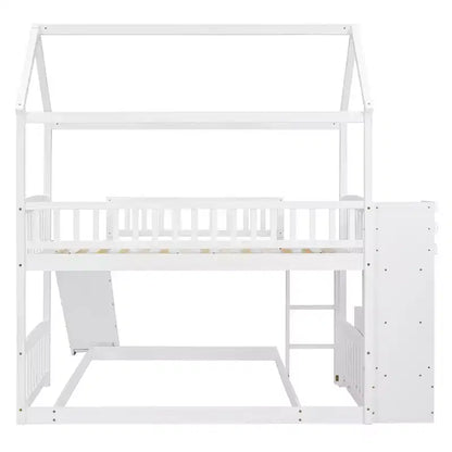 Letto a castello singolo sopra una piazza e mezza con scivolo e scale contenitore, design a casetta, pino e MDF, età 6+