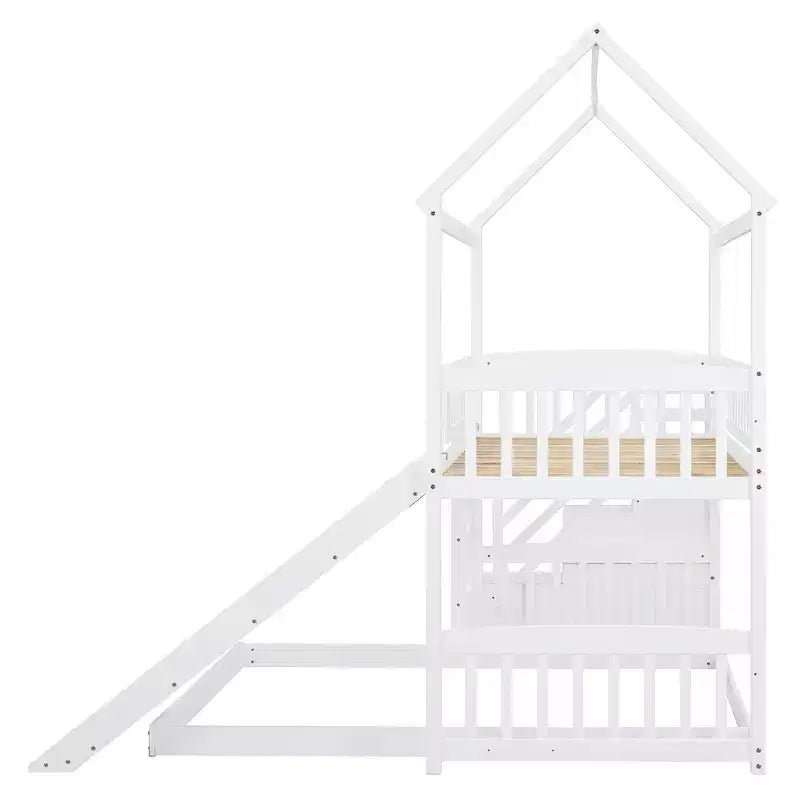 Letto a castello singolo sopra una piazza e mezza con scivolo e scale contenitore, design a casetta, pino e MDF, età 6+