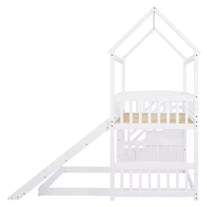Letto a castello singolo sopra una piazza e mezza con scivolo e scale contenitore, design a casetta, pino e MDF, età 6+