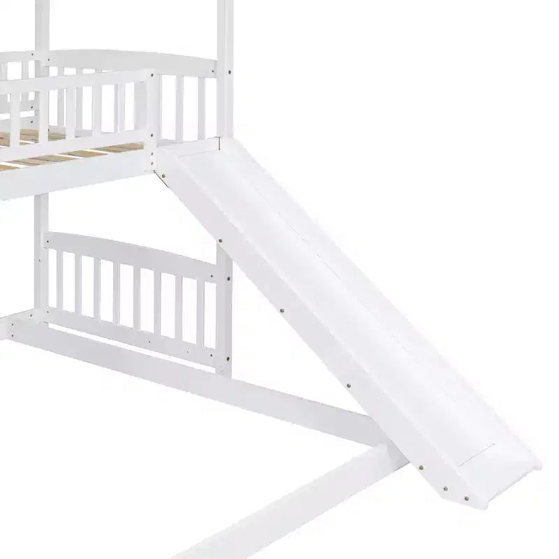 Letto a castello singolo sopra una piazza e mezza con scivolo e scale contenitore, design a casetta, pino e MDF, età 6+