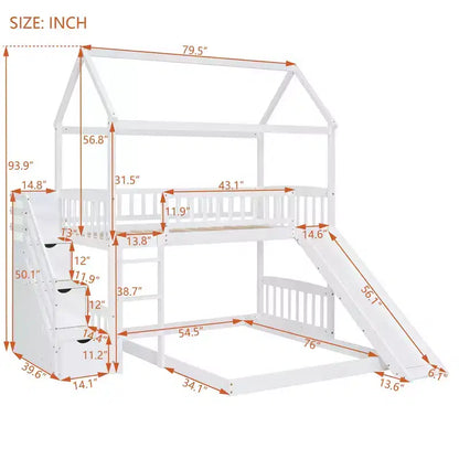 Letto a castello singolo sopra una piazza e mezza con scivolo e scale contenitore, design a casetta, pino e MDF, età 6+