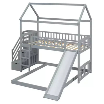 Letto a castello singolo sopra una piazza e mezza con scivolo e scale contenitore, design a casetta, pino e MDF, età 6+