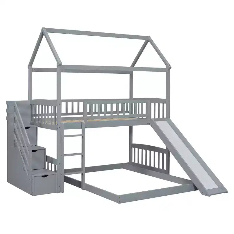 Letto a castello singolo sopra una piazza e mezza con scivolo e scale contenitore, design a casetta, pino e MDF, età 6+