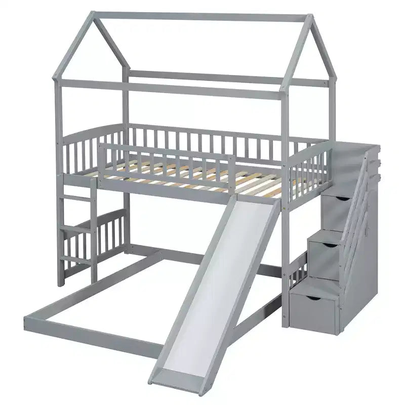 Letto a castello singolo sopra una piazza e mezza con scivolo e scale contenitore, design a casetta, pino e MDF, età 6+