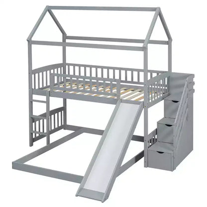 Letto a castello singolo sopra una piazza e mezza con scivolo e scale contenitore, design a casetta, pino e MDF, età 6+