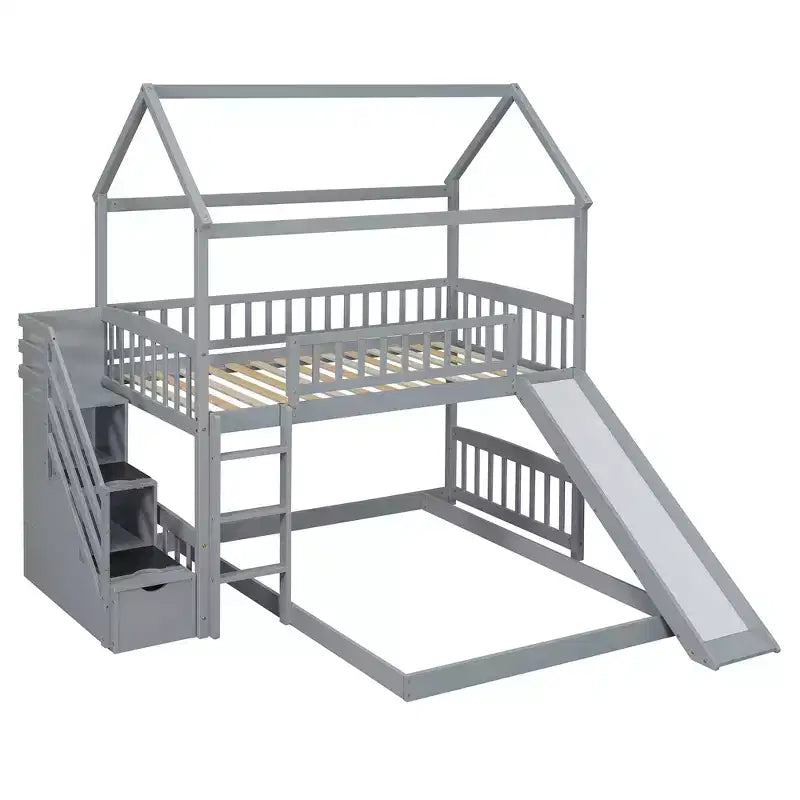 Letto a castello singolo sopra una piazza e mezza con scivolo e scale contenitore, design a casetta, pino e MDF, età 6+