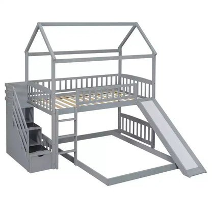 Letto a castello singolo sopra una piazza e mezza con scivolo e scale contenitore, design a casetta, pino e MDF, età 6+