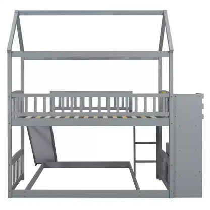 Letto a castello singolo sopra una piazza e mezza con scivolo e scale contenitore, design a casetta, pino e MDF, età 6+